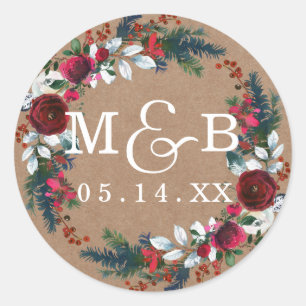 Floral Wreath Christmas Wedding Monogram Sticker