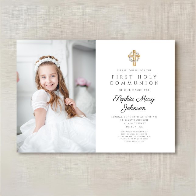 Floral Wreath Cross Foto Girl First Communation Einladung (Floral Wreath Cross Photo Girl First Communion Invitation)