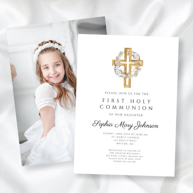 Floral Wreath Cross Foto Girl First Communation Einladung (Floral Wreath Cross Photo Girl First Communion Invitation)