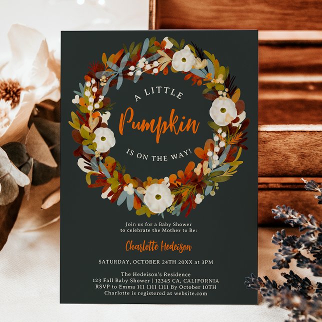 Floral wreath fall little pumpkin baby shower einladung (Floral wreath fall little pumpkin baby shower invitation)