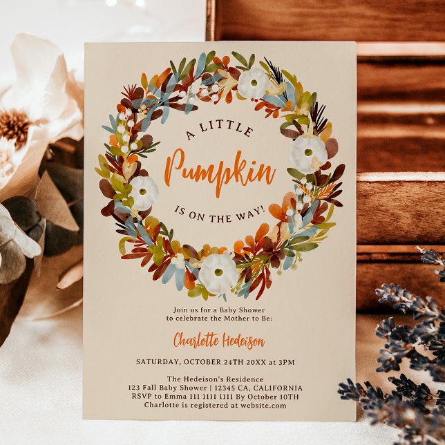 Floral wreath fall little pumpkin baby shower einladung (Floral wreath fall little pumpkin baby shower invitation)