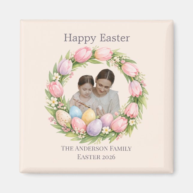 Floral Wreath & Family Photo Personalized Easter  Magnet (Vorne)