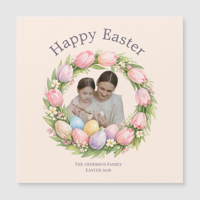 Floral Wreath & Family Photo Personalized Easter  Magnetkarte (Vorderseite)