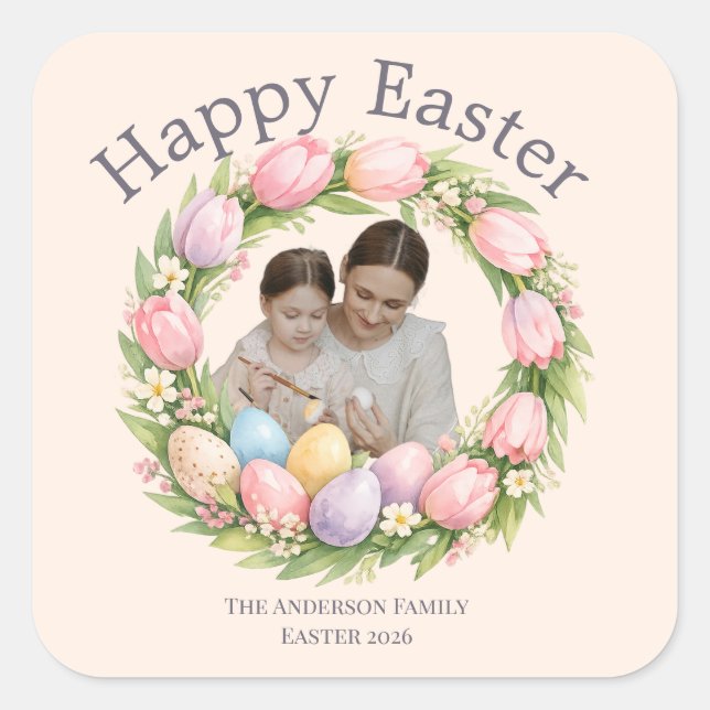 Floral Wreath & Family Photo Personalized Easter  Quadratischer Aufkleber (Vorderseite)