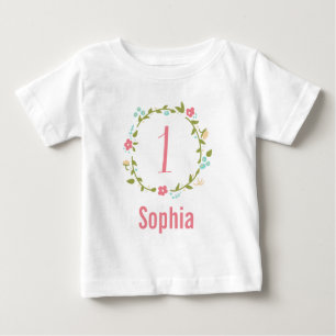 Floral Wreath Girl 1. Geburtstag Personalisiert Baby T-shirt