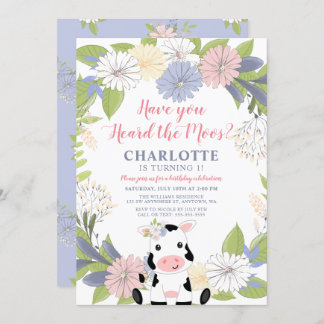 Floral Wreath Girl Cow 1. Geburtstag Einladung