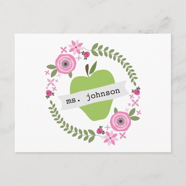 Floral Wreath Green Apple Personalisiert Teacher Postkarte (Vorderseite)