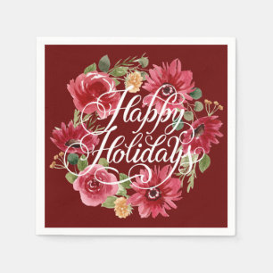 Floral Wreath Happy Holidays Red Napkins Serviette