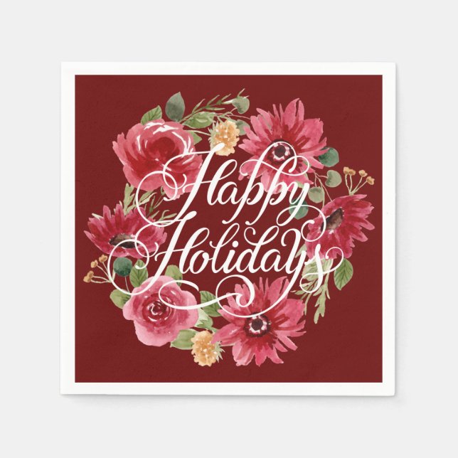 Floral Wreath Happy Holidays Red Napkins Serviette (Vorderseite)