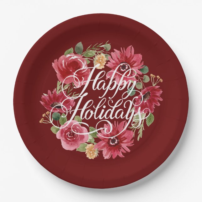 Floral Wreath Happy Holidays Red Pappteller (Vorderseite)
