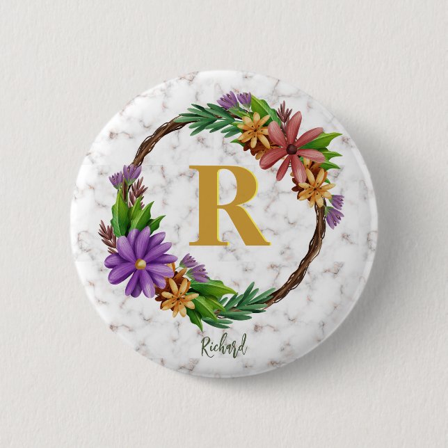 Floral Wreath Initial Letter Monogram Name Marble Button (Vorderseite)