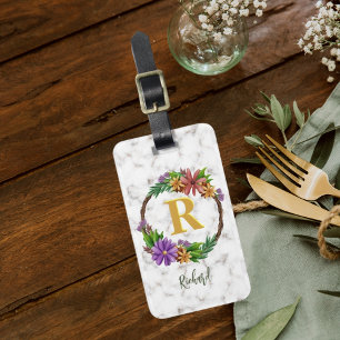 Floral Wreath Initial Letter Monogram Name Marble Gepäckanhänger