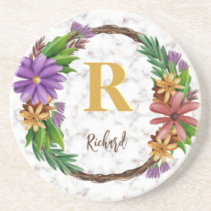 Floral Wreath Initial Letter Monogram Name Marble Getränkeuntersetzer
