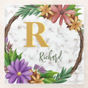 Floral Wreath Initial Letter Monogram Name Marble Glasuntersetzer