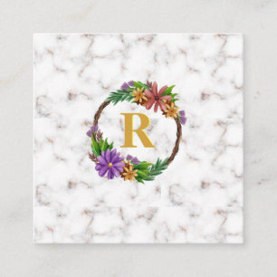 Floral Wreath Initial Letter Monogram Name Marble Quadratische Visitenkarte