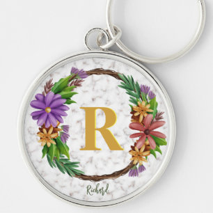 Floral Wreath Initial Letter Monogram Name Marble Schlüsselanhänger