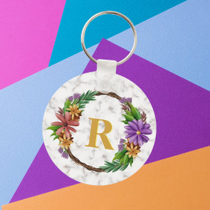 Floral Wreath Initial Letter Monogram Name Marble Schlüsselanhänger