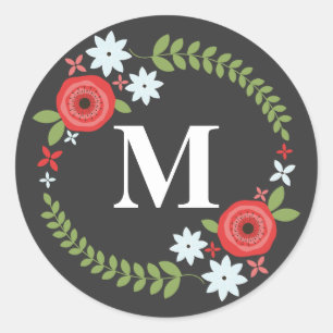 Floral-Wreath-Monogramm-Aufkleber - grau Runder Aufkleber