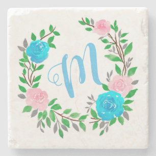 Floral Wreath Monogramm Steinuntersetzer