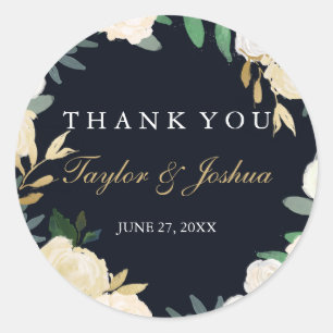 Floral Wreath Navy Vielen Dank für Ihr Hochzeitsti Runder Aufkleber