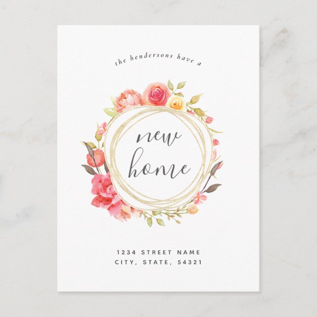 Floral Wreath Neue Zuhause Moving Ankündigung Postkarte (Vorderseite)