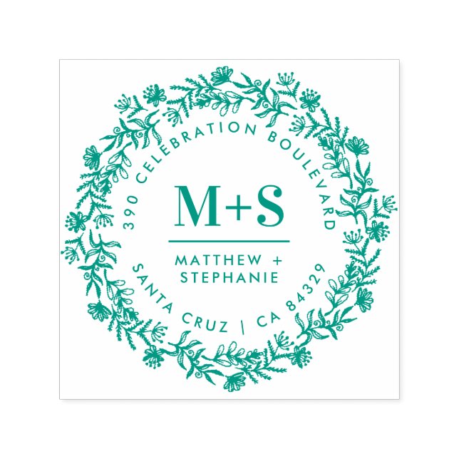 Floral Wreath Newly Weds Initials Rücksendeadresse Permastempel (Design)