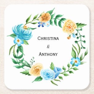 Floral Wreath   Personalisierte Hochzeit Rechteckiger Pappuntersetzer