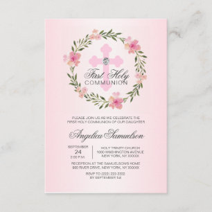 Floral Wreath Pink Erster Heiliger Kommunion MIRL Einladung