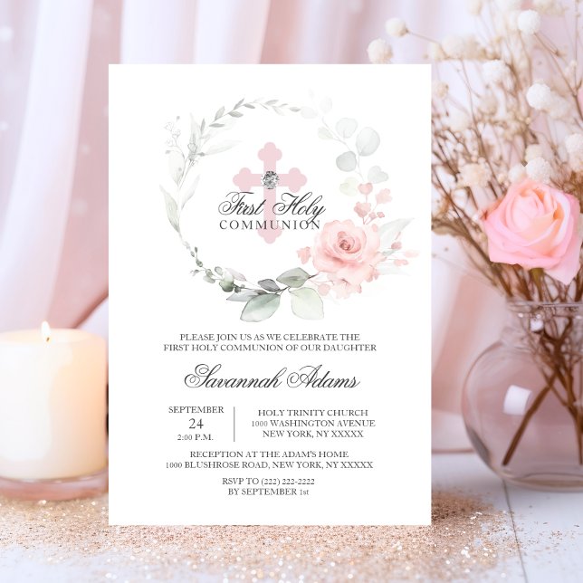Floral Wreath Pink Erster Heiliger Kommunion MIRL Einladung (Floral Wreath Pink First Holy Communion GIRL Invitation)