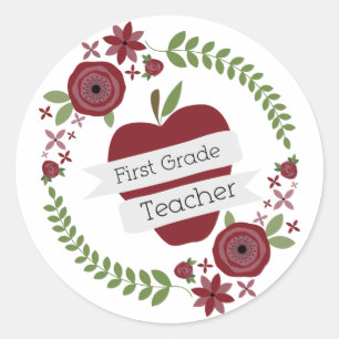 Floral Wreath Red Apple First Grade Teacher Runder Aufkleber