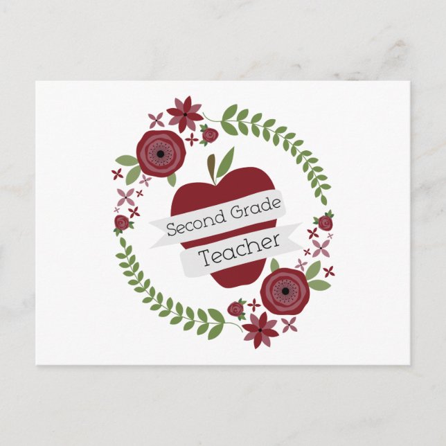 Floral Wreath Red Apple Second Grade Lehrer Postkarte (Vorderseite)