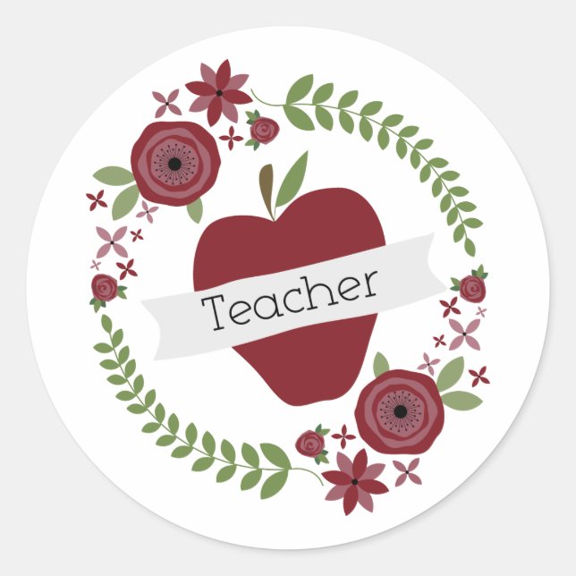 Floral Wreath & Red Apple Teacher Runder Aufkleber (Vorderseite)