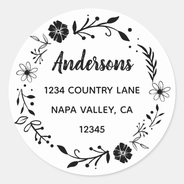 Floral Wreath | Rücksendeadresse von Familiennamen Runder Aufkleber (Vorderseite)
