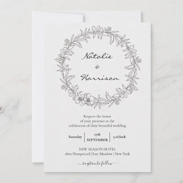 Floral Wreath | Sketch Peony Wedding Celebration Einladung (Vorderseite)