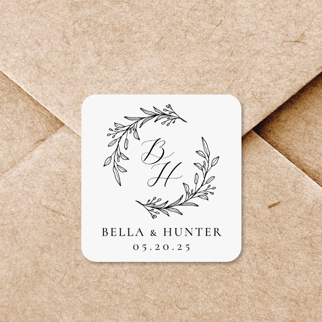 Floral Wreath Wedding Initial Monogram Quadratischer Aufkleber (Von Creator hochgeladen)