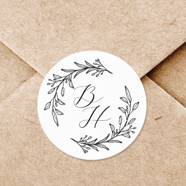 Floral Wreath Wedding Initial Monogram Runder Aufkleber (Von Creator hochgeladen)