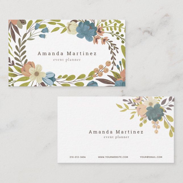 Floral Wreath White Business Card Visitenkarte (Vorne/Hinten)