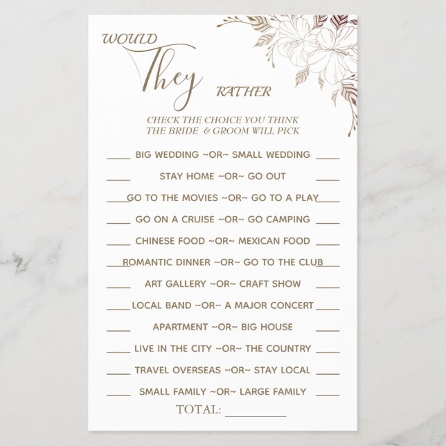 Floral Würden sie lieber Duschspielkarten Flyer (Vorne)