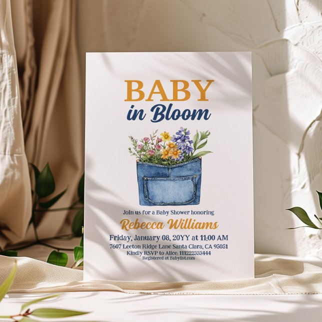 Floral Yellow Denim Pocket Baby In Bloom Shower Einladung (Von Creator hochgeladen)