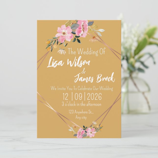 Floral yellow Rustic Wedding  Einladung (Stehend Vorderseite)