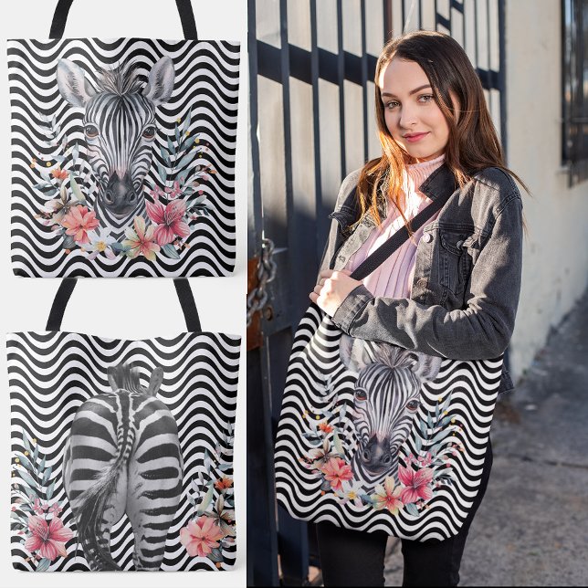 Floral Zebra Face Hintern Schwarz-weiße Wavy Strip (Floral Zebra Face Butt Black White Wavy Stripes Tote Bag Front and Back, large bag, shopping bag,)