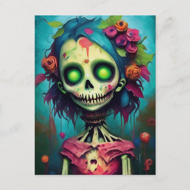 Floral Zombie Puppe mit grünen Augen Postkarte (Vorderseite)