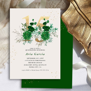 Florale 15 Smaragdgrüne Creme und Goldene Quincean Einladung