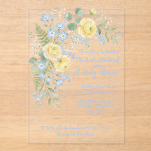 Florale Baby-Blau-Gelbe Babyparty-Einladung