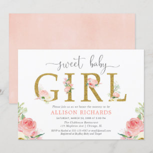 Florale Babydusche, elegantes, rot-rosa goldenes M Einladung