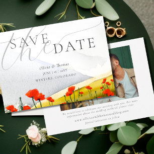 Florale Bergmohn-Hochzeitsfoto Save-the-Date-Karte Einladung