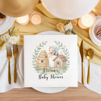 Florale Bienenstöcke und kleine Biene Baby Shower Serviette