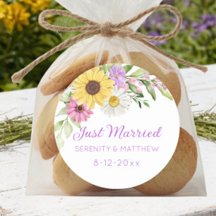 Florale Boho-Sonnenblumen-Hochzeit Gerade Verheira Runder Aufkleber