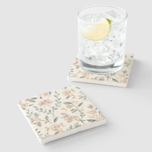 Florale Botanische Aquarellblätter Beige Gemalt Steinuntersetzer