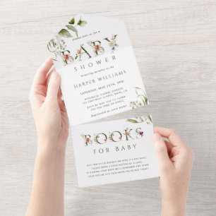 Florale botanische Babyparty   Bücher fürs Baby All In One Einladung